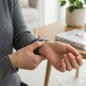 Personne en pull gris tenant son poignet, assise à une table avec une plante et un livre en arrière-plan.”