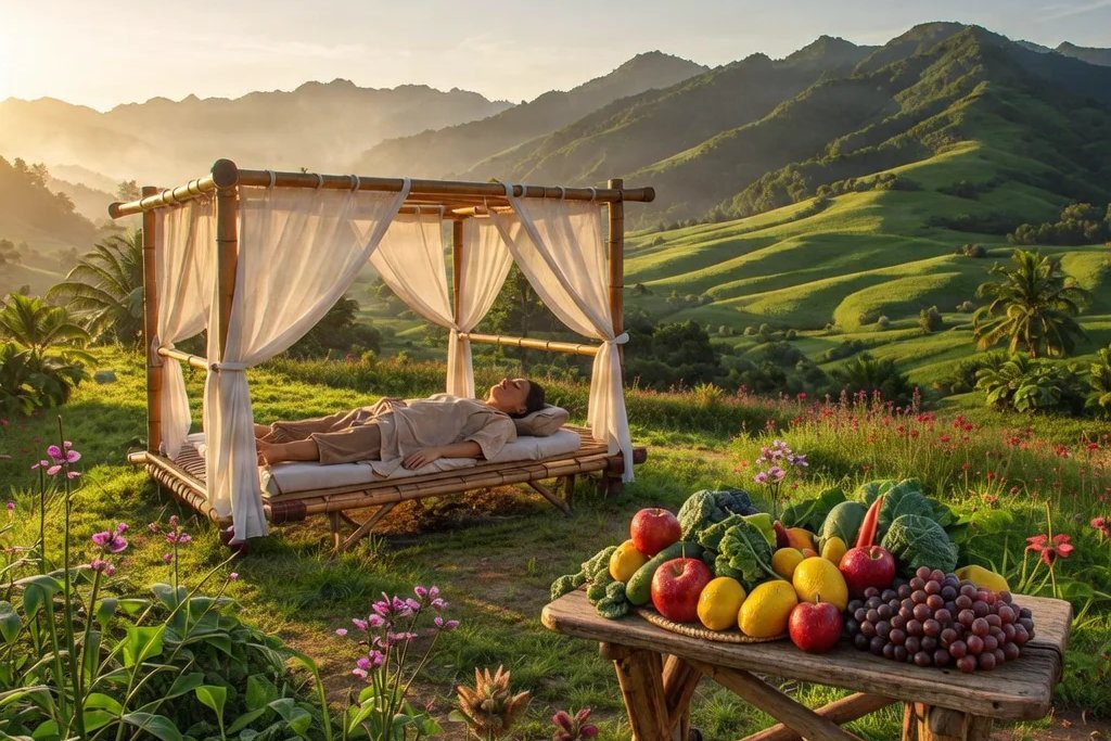 Personne allongée sur un lit en bambou au lever du soleil, dans un paysage de collines, près d’une table de fruits et légumes